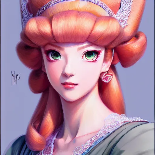 Image similar to 3 / 4 view of a portrait of princess peach, confident pose, genshin impact,, intricate, elegant, sharp focus, illustration, highly detailed, concept art, matte, trending on artstation, anime, art by wlop and artgerm and greg rutkowski, ilya kuvshinov, strong strokes, photo of princess peach h 6 4 0