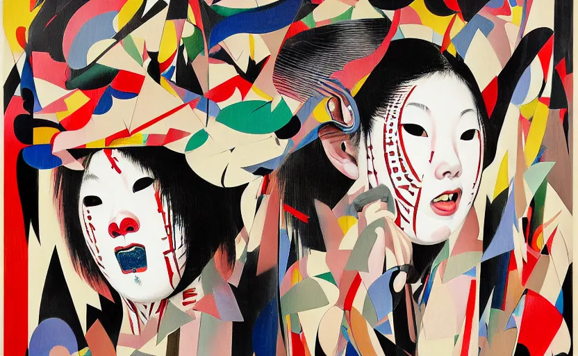 Image similar to decollage painting young japanese actress in a tribal mask chased by unconsciousness fear by adrian ghenie and takato yamamoto and edward hopper and mark ryden and tsutomu nihei, part by bridget riley, acrylic pour and splashing paint, very coherent, baroque elements, perfect anatomy, intricate design. pop art.