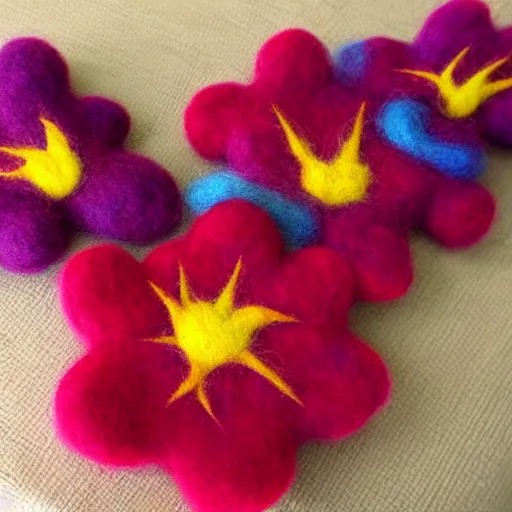 Prompt: a needle felted fire flower power up, needle felting art.