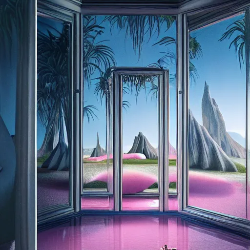 Image similar to hyperrealistic geometric objects in a surreal minimalistic 8 0's dreamscape environment by salvador dali, enormous emoji, highly detailed, 3 d render, octane, beautiful lighting, photorealistic, intricate, elegant, wayne barlowe, water, mirrors, pink doorway, beautiful, masterpiece, trending on artstation, palm tree