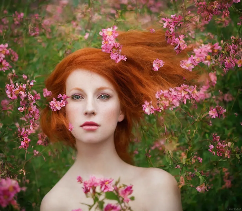 Image similar to Fine art photo of a beauty model, she is redhead, she is posing while maintain a sweet eye contact to the camera, she has a crown of flowers and she has flowers around her, the photo was taken at sunset; you can see a bokeh effect behind the model, the photo was taken by Annie Leibovitz, photorealistic, matte painting, hyper realistic, concept art, 4k, 8k, cinematic composition, cgsociety, HD, highly detailed, octane render, unreal engine 5, trending on artstation, shaders