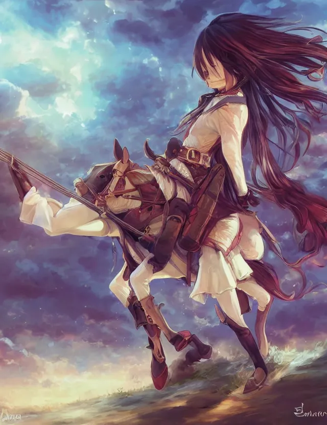 Image similar to scenic wide angle portrait of a teenage girl, bard outfit, riding a horse, anime in fantasy style, trending artwork, painted in anime painter studio, by anato finstark, tony sart, marc simonetti and an anime artist, collaboration