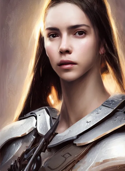 Image similar to a professional portrait of a beautiful young female, clothed in ethereal battle armor, olive skin, long dark hair, beautiful bone structure, symmetrical facial features, intricate, elegant, digital painting, concept art, smooth, sharp focus, finely detailed, illustration, from Valerian and the City of a Thousand Planets, in the style of Ruan Jia and Mandy Jurgens and Artgerm and Greg Rutkowski and William-Adolphe Bouguerea