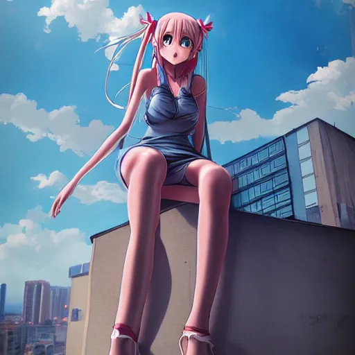 Prompt: giant 50 foot tall anime girl sitting on a building by wlop