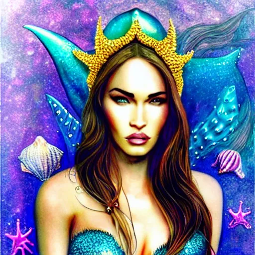 Image similar to “Megan Fox portrait, fantasy, mermaid, cartoon, pearls, glowing hair, shells, gills, crown, water, highlights, starfish, goddess jewelry, realistic, digital art, pastel, magic, fiction, ocean, game”