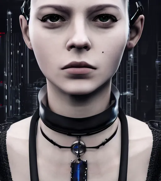 Image similar to detailed realistic female character cyberpunk wearing thick steel collar around neck, realistic, art, beautiful, 4K, collar, choker, collar around neck, punk, artstation, detailed, female, woman, choker, cyberpunk, neon, punk, collar, choker, collar around neck, thick collar, tight around neck, punk, choker