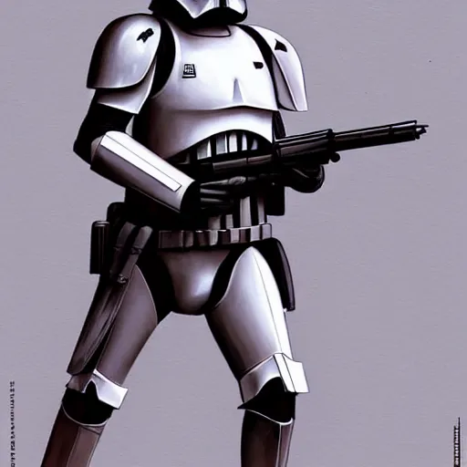 Image similar to full body shot of an imperial stormtrooper in battle position ready to shoot his blaster concept art by Doug Chiang cinematic, realistic painting, high definition, very detailed, extremely high detail, photo realistic, concept art, the Mandalorian concept art style