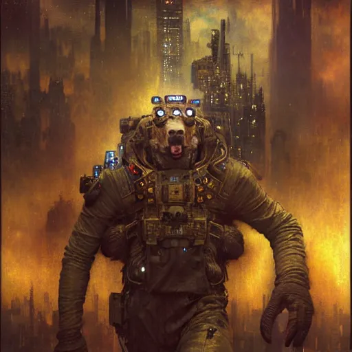 Image similar to portrait german dogman canine neuromancer. spaceship futuristic city. shadowrun cyberpunk fantasy d & d painting by gaston bussiere craig mullins jc leyendecker gustav klimt artgerm greg rutkowski john berkey, bergey, craig mullins, ruan jia, raymond swanland, jeremy mann, beksinski, jack kirby, tom lovell