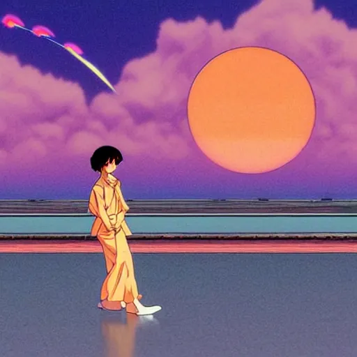 Image similar to woman watching a plane fly away in sunset, sprite, vaporwave nostalgia, directed by beat takeshi, visual novel cg, 8 0 s anime vibe, kimagure orange road, maison ikkoku, sketch by osamu tezuka, directed by makoto shinkai and beat takeshi