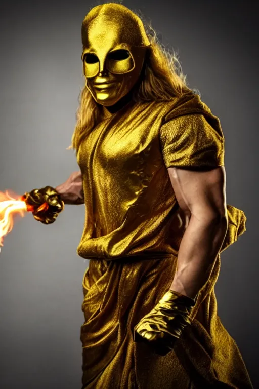 Image similar to A man wearing golden mask, hair like fire, muscular, in dark soul