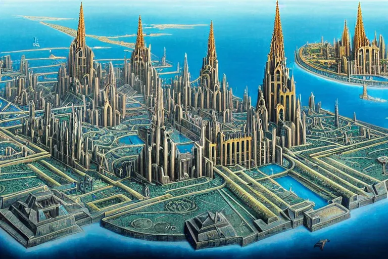 Prompt: a beautiful complex insanely detailed matte painting of the alien city of Atlantis with blue steel towers and an enormous palace cathedral by Heironymous Bosch, aerial view