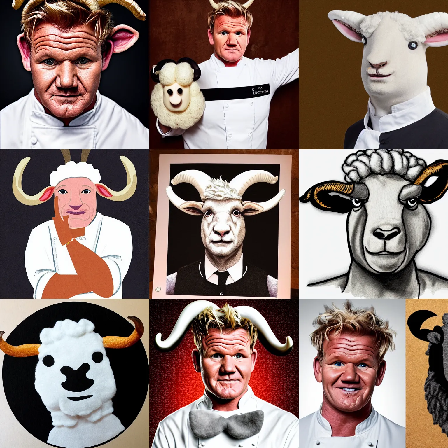 Prompt: portrait of chef! gordon ramsay! as a ram sheep with horns and wool