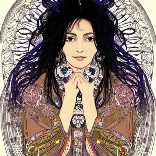 Image similar to Beautiful illustration of a Mexican woman of 40 years old, with curly black and silver hair, the woman has beautiful black eyes, her skin is light brown, she is dressed in shaman clothes, in the style of yoshitaka amano and alfons mucha