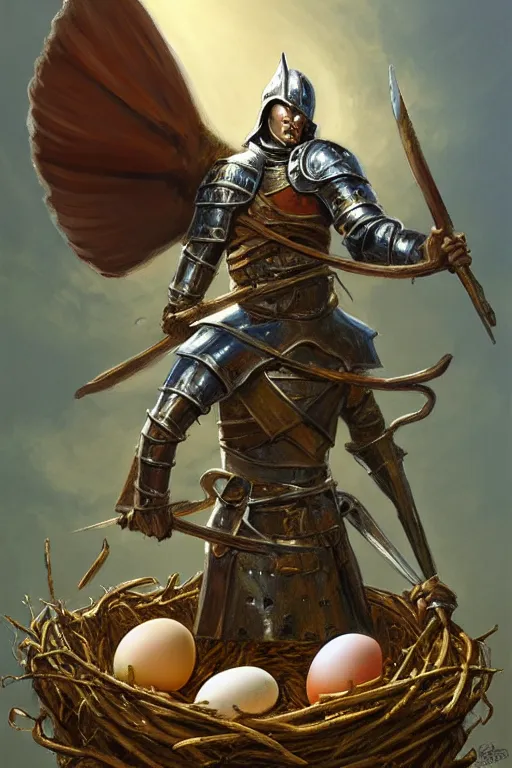 Prompt: classic oil painting, a medieval fantasy knight standing on a big empty bird nest, as a dnd character, surrounded by broken egg shells, cottagecore, highly detailed, digital illustration, concept art, smooth, sharp focus, art by paul bonner, and brothers hildebrandt