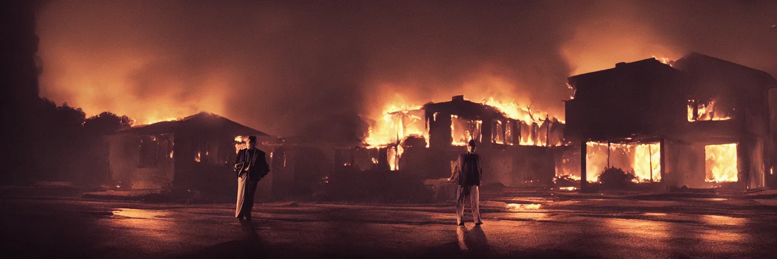Prompt: detailed medium format photo, cinema still from movie lost highway, sleazy man watching night streets while a single house burns in the background, haze, americana, high production value, intricate details, 8 k resolution, hyperrealistic, hdr, photorealistic, high definition, tehnicolor, award - winning photography, masterpiece, amazing colors
