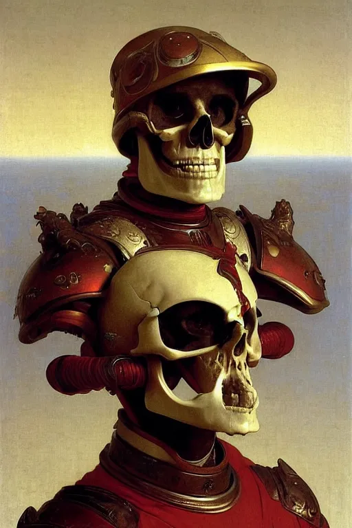 Image similar to portrait of a skull man astronaut with chinese dragon armor and helmet, majestic, solemn, by bouguereau