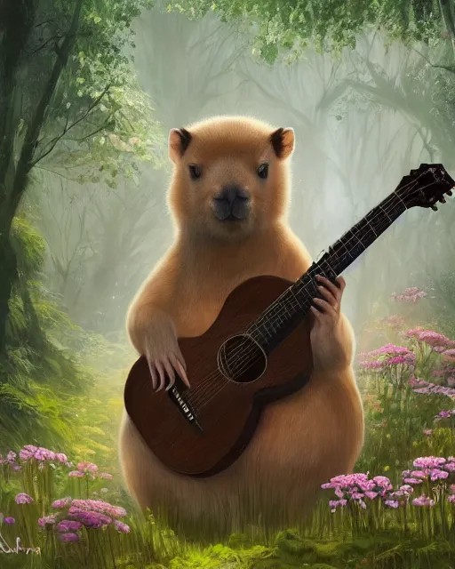 Image similar to Capybara playing Guitar in magical forest, portrait, flowers, flower dress, magic the gathering artwork, D&D, fantasy, cinematic lighting, centered, symmetrical, highly detailed, digital painting, artstation, concept art, smooth, sharp focus, illustration, volumetric lighting, epic Composition, 8k, art by Akihiko Yoshida and Greg Rutkowski and Craig Mullins, oil painting, cgsociety