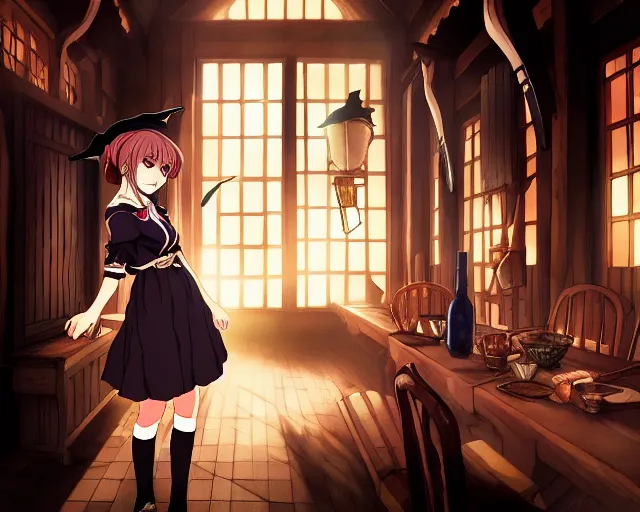 Image similar to key anime visual portrait of a young female witch in a tavern interior, dynamic pose, dynamic perspective, cinematic, dramatic lighting, muted colors, fine detail, textured