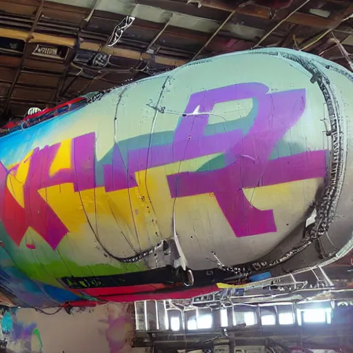 Prompt: a detailed photo of an airship full of graffiti