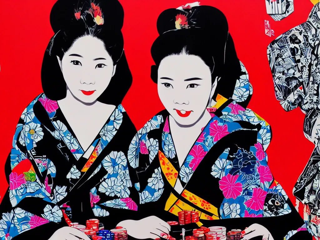 Image similar to hyperrealism composition of the detailed woman in a japanese kimono sitting at an extremely detailed poker table with darth vader, fireworks on the background, pop - art style, jacky tsai style, andy warhol style, acrylic on canvas