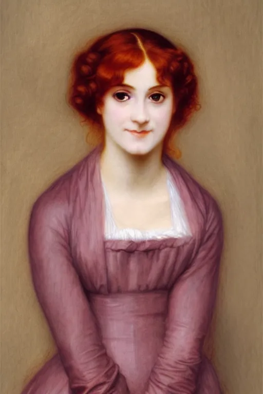 Image similar to jane austen red hair, painting by rossetti bouguereau, detailed art, artstation