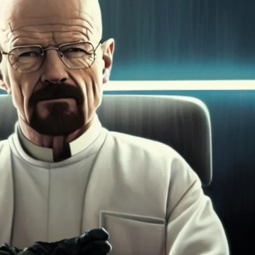 Prompt: walter white on the jedi council, movie screenshot from star wars