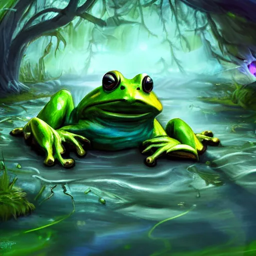 Image similar to beatiful art league of legends splash art of a frog in a swamp