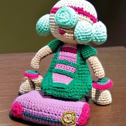 Prompt: product image of a cute crochet grandma made of crochet who's making a crochet. high resolution