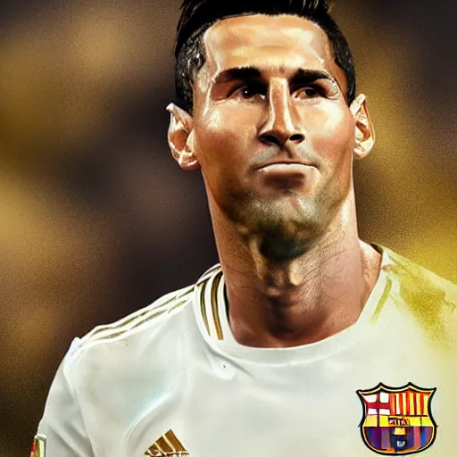 Image similar to lionel messi crying on cristiano ronaldo's shoulder, cristiano is very proud of himself, digital art, art station, high quality, very detailed, golden hour, 8k