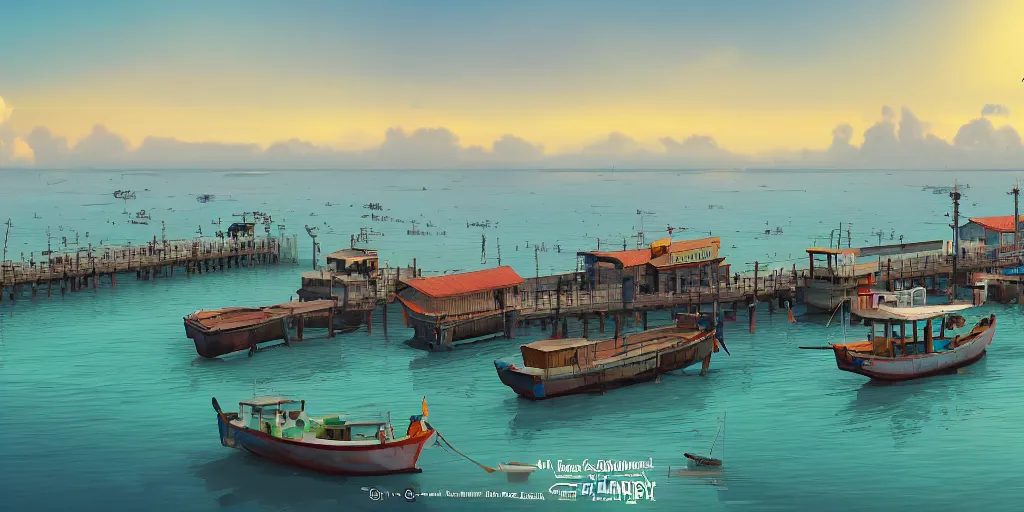 Image similar to pulau indah jetty fishing town in the morning, detailed matte painting, telephoto lens, bokeh, studio ghibli, artstation