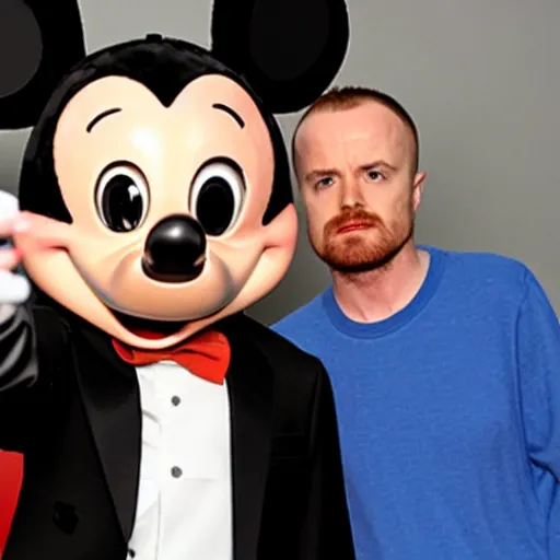 Image similar to walter white and jesse pinkman doing a selfie with mickey mouse, realistic