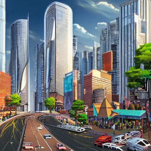 Prompt: a detailed image of a future cityscape, with towering skyscrapers, flying cars, and a vibrant, bustling streetscape.