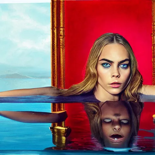 Prompt: British model ‘Cara Delevigne’ with beautiful face and full body laying in a blood red pool of water between a bright golden glowing mirror frame, outside is space and inside the mirror frame is a beautiful landscape. You can see her reflection in the red pool of water. Hyperrealistic surreal 4K IMAX Rene Margritte intricate, elegant, highly detailed, digital painting, artstation, concept art, smooth, sharp focus, illustration, art by artgerm, Francis bacon, HR Giger and greg rutkowski and alphonse mucha fashion photography Terry Richardson