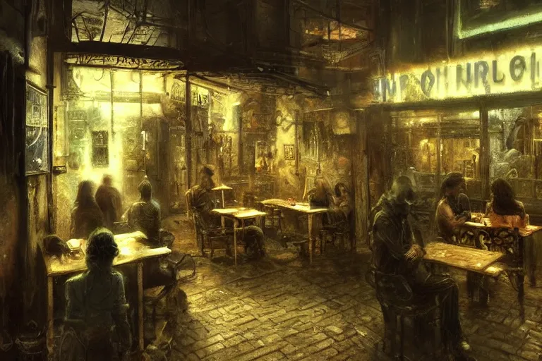 Image similar to Inside small cafe at night , moody scene, highly detailed, intricate, sharp details, dystopian mood, 1950 scene by gaston bussiere, craig mullins, somber lighting, drawn by Giacomo Burattini, inspired by graphic novel cover art, hyperrealistic, 8k by RHADS