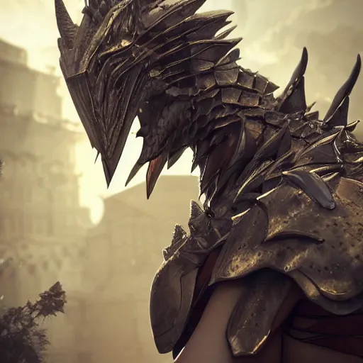 Image similar to highly detailed realistic stunning shot of a beautiful anthropomorphic female dragon knight, doing a majestic and elegant pose, armor made of steel, sharp claws and tail, two wings on her back, HD octane render, epic cinematography, fantasy, Artstation, Deviantart, Furaffinity