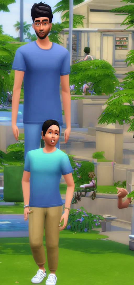 Prompt: full body image of a Sim from the Sims 4 in a blue tee shirt, green cargo pants and sneakers