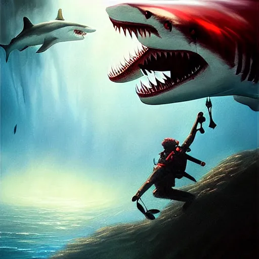 Image similar to a dream fantasy painting of ( white shark with blood teeth ) hunting a scuba diver, in the deep, trending on artstation, deviantart, matte painting by greg rutkowski, holly bruce, jon kuo