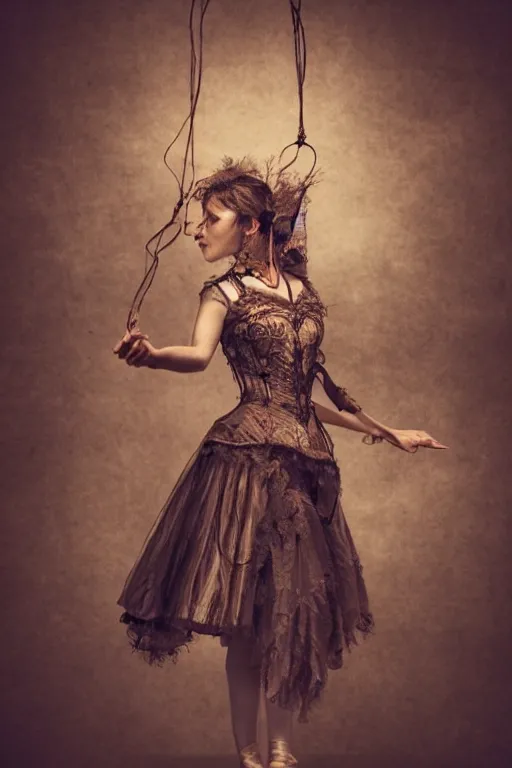 Prompt: a fantoccini held by string, alone stage, steampunk, sad vibe, steampunk, ballet, 8 k, detailed, ambient lighting, vintage, dark fantasy, wlop