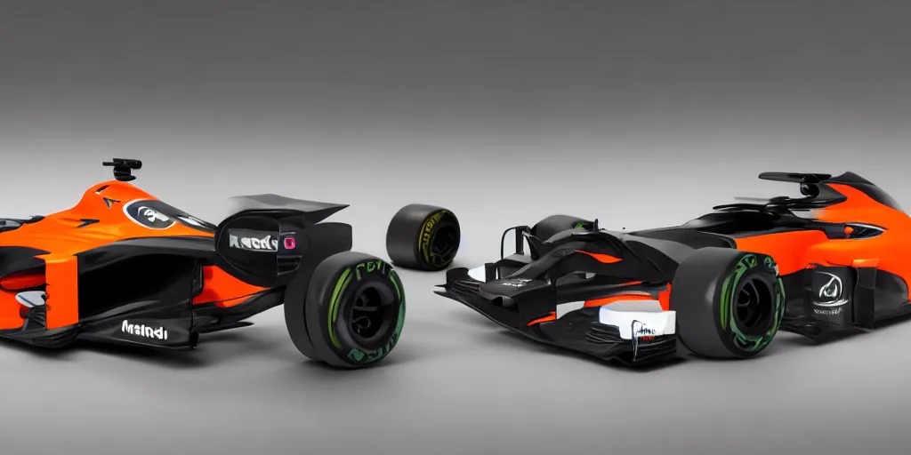 Image similar to hybrid design between McLaren MCL34 F1 car and Ford Mustang. No background, concept art style.