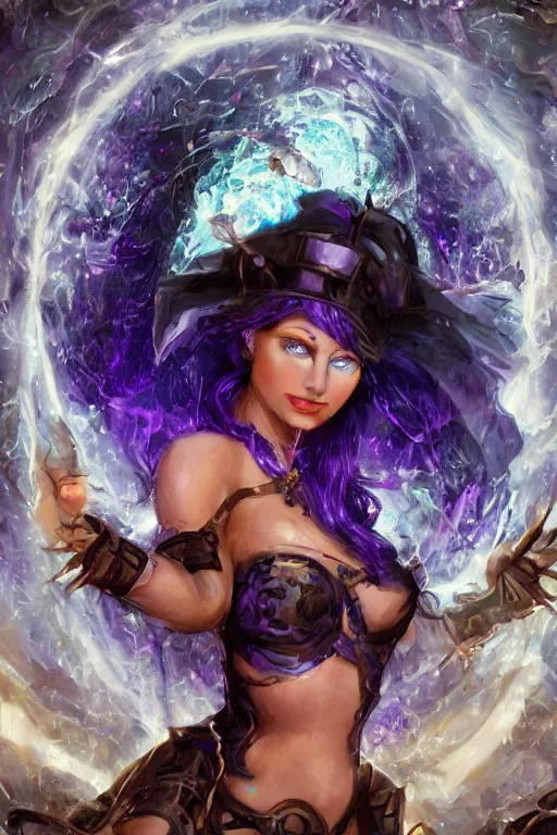 Image similar to Path of Exile, Maven, blue eyes female image with silver purple hair among colourful lights, dark blue spheres fly around, Anachronism, painting, dark fantasy, steampunk, 4k