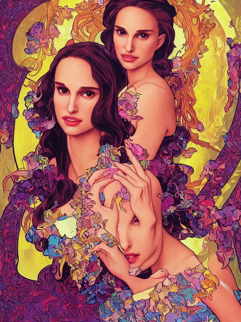 Image similar to beautiful realistic portrait of Natalie Portman as a sci fi 90s princess by Lisa Frank, Seth McMahon and Alphonse Mucha