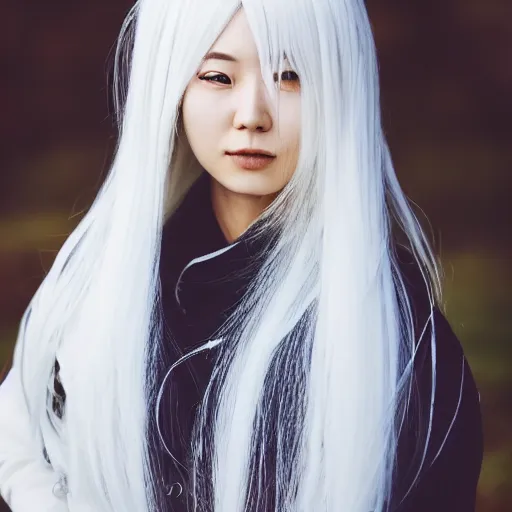 Image similar to Portrait of a japanese young lady with a long white, white hair!!!, white hair!!!, ayaka cosplay, white hair!!!, young with white hair!!!!!, Canon EOS R3, f/1.4, ISO 200, 1/160s, 8K, RAW, unedited, symmetrical balance, in-frame