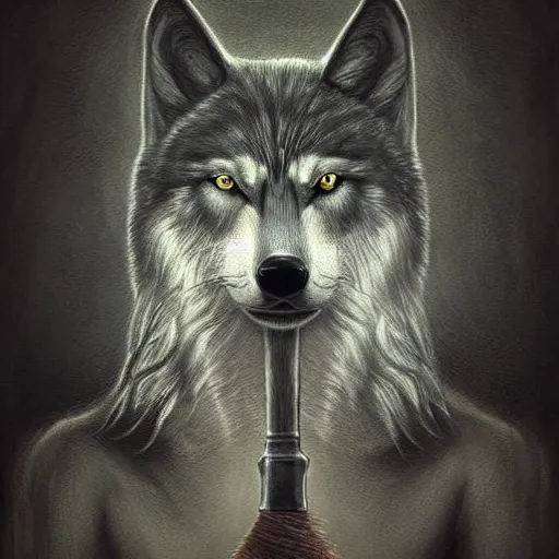 Image similar to wolf like a human, holding brush, artwork by Antón Semenov,