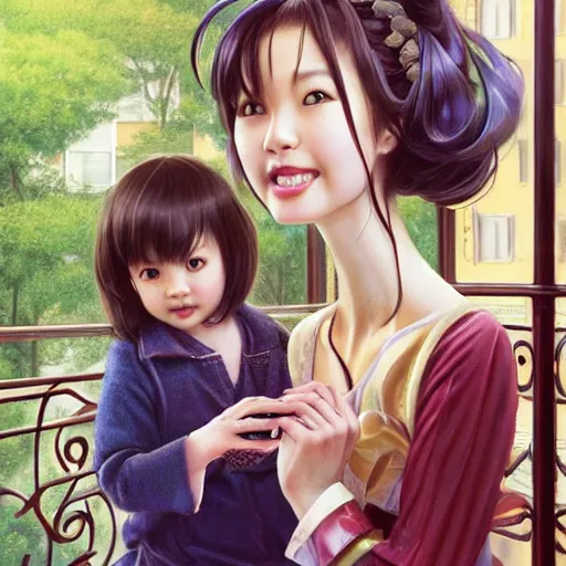 Image similar to Kotomi Ichinose Playing with her daughter on the balcony, professional modeling, looking down on the camera, detailed, centered, digital painting, artstation, concept art, donato giancola, Joseph Christian Leyendecker, WLOP, Boris Vallejo, Breathtaking, 8k resolution, extremely detailed, beautiful, establishing shot, artistic, hyperrealistic, beautiful face, octane render, cinematic lighting, dramatic lighting, masterpiece