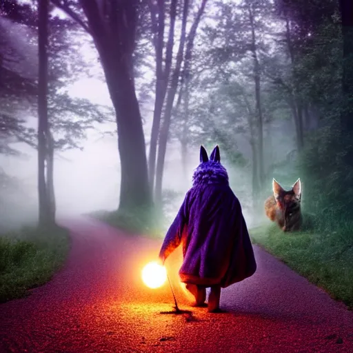 Prompt: a large druid fox muppet wearing a cloak holding a lit torch and herding a bunch of random muppet animals following behind through a dark foreboding misty blue forest at night, sesame street, photograph, photography, ultrarealistic, national geographic
