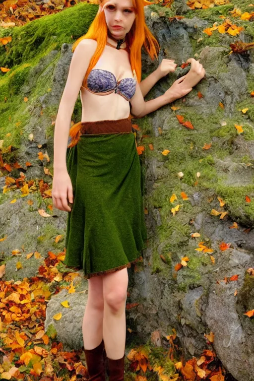 Prompt: A beautiful shapely druid Elf woman, wearing a moss bra and a skirt made of autumn leaves by larry Elmore