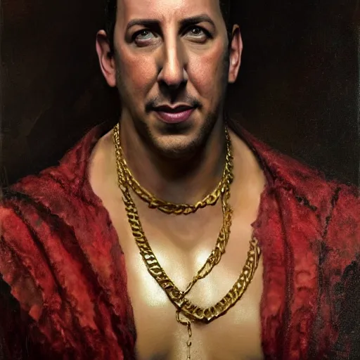 Image similar to detailed realistic cinematic wide shot of beautiful attractive muscular adam sandler as roman empreror gold chain wearing royal red clothes slim face symettrical face clean skin black eyes black robe smooth, sharp focus, ultra realistic, spring light, painting by gaston bussiere, craig mullins, j. c. leyendecker