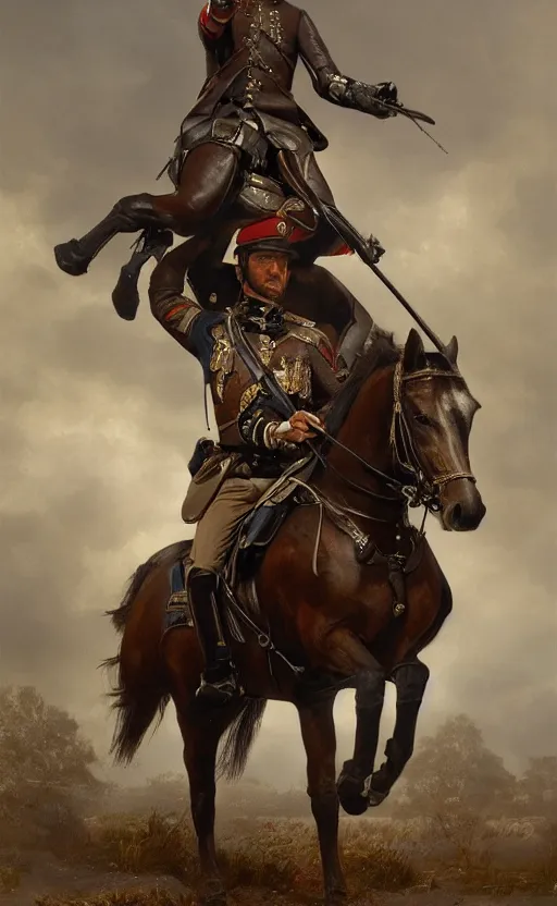 Image similar to Portrait of a victorian army officer on horseback, male, detailed face, 19th century, highly detailed, cinematic lighting, digital art painting by greg rutkowski