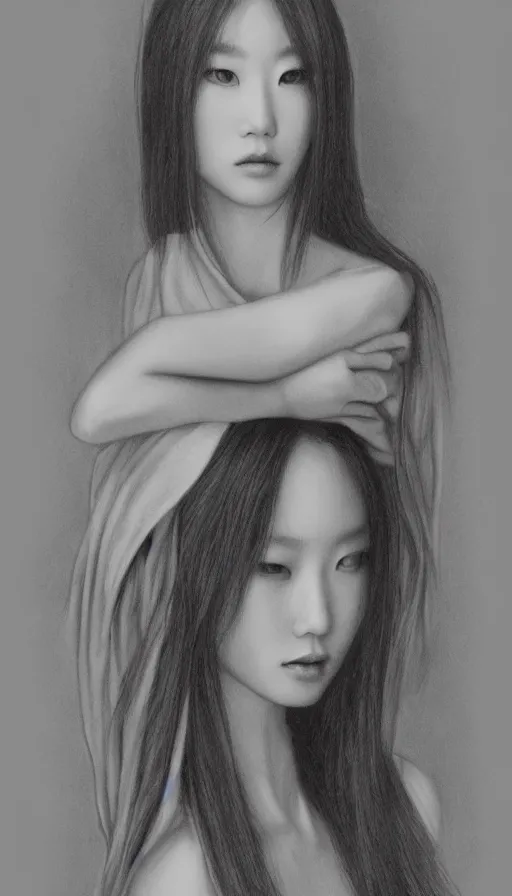 Image similar to model yoon young as the high priestess, by soeymilk, black and white graphite drawing, smooth render, 3 / 4 view