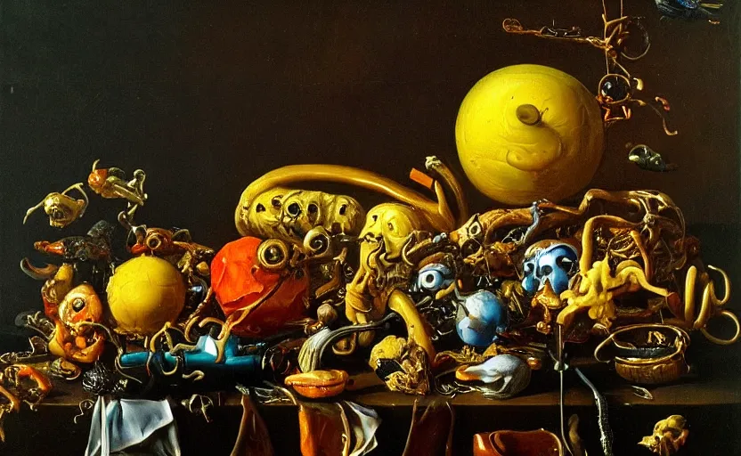 Image similar to disturbing colorful oil painting dutch golden age vanitas still life with bizarre objects strange gooey surfaces shiny metal bizarre insects rachel ruysch dali todd schorr very detailed perfect composition rule of thirds masterpiece canon 5 0 mm, cinematic lighting, photography, retro, film, kodachrome